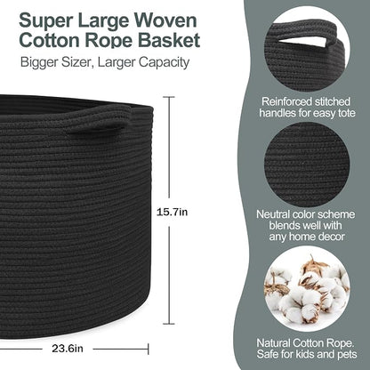 MEGASKET 115L Super Large Black Blanket Basket, 23.6"x15.7" Woven Rope Bin for Storage, Oversized Kids Dog Toy Storage Box Bins, XXXL Blanket Holder for Living Room, Jumbo Wicker Basket for Organizing