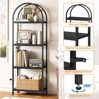 Yusong LED Bookshelf 4 Tier Arched Bookcase, 71.3" Tall Industrial Open Book Shelves for Living Room, Modern Freestanding Display Storage Rack with Metal Frame, Office, Bedroom, Black