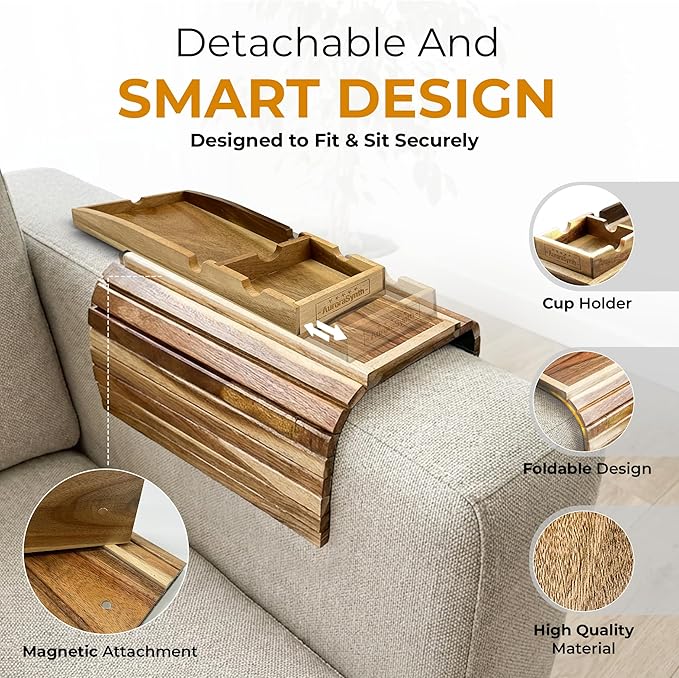 Couch Cup Holder Tray With 2 Cork Coasters, Couch Arm Tray, 2 In 1 Anti-Slip Foldable Sofa Arm Tray, Couch Armrest Table, Anti-Spill Couch Arm Table for Drinks TV Remote Cellphone Snacks (Acacia Wood)
