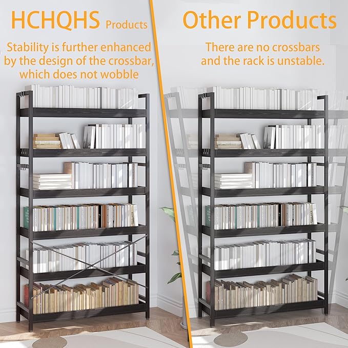 HCHQHS Bookshelf, Adjustable Industrial Bookcase, Vertical Tall Book Shelf, Wood and Black Metal Open Bookshelves for Home Office, Living Room, Bedroom (Black, 6-Tier (31" W x 70" H))