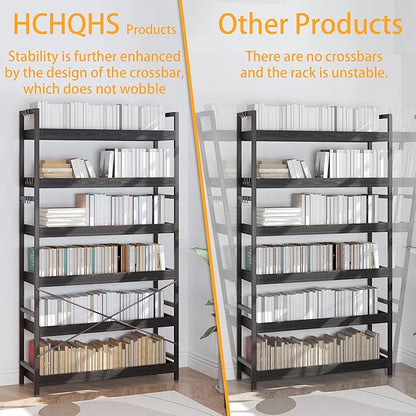 HCHQHS Bookshelf, Adjustable Industrial Bookcase, Vertical Tall Book Shelf, Wood and Black Metal Open Bookshelves for Home Office, Living Room, Bedroom (Black, 6-Tier (31" W x 70" H))
