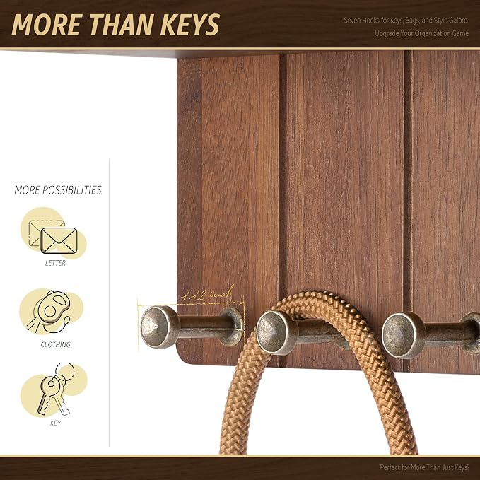 Rebee Vision Farmhouse Key Holder Wall Mount - Decorative Mail Organizer with 7 Key Hooks and Wall Shelf - Rustic Home Decor for Apartment Essentials (Acacia Wood)