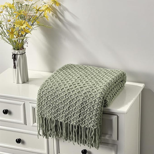 CREVENT Farmhouse Boho Knitted Throw Blanket for Couch Sofa Chair Bed Home Decoration, Soft Warm Cozy Light Weight for Spring Summer Fall (60''X80'' Sage Green)