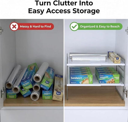 YAN & HIN 2 Pack Expandable Cabinet Organizer Shelf, 3-Tier Kitchen Cabinet Organizer for Tupperware & Food Container Storage, Adjustable Pantry Shelf Organizer for Bottles, Lids & Countertop