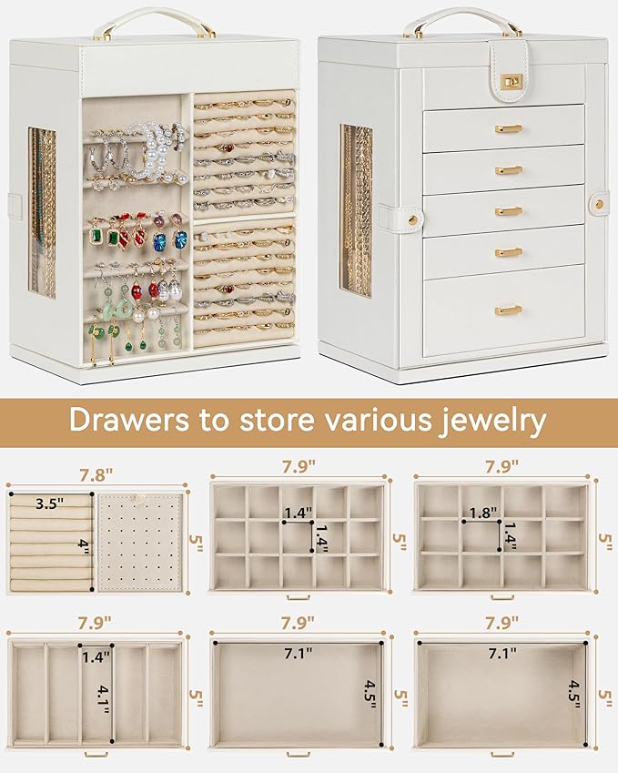 AKOZLIN Jewelry Box 6-Tier Organizer Functional 360° Rotating Jewelry Storage Case for Women Girls Ring Necklace Earring Bracelet Holder with Mirror