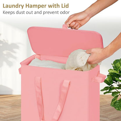 efluky Slim Laundry Basket with Lid, Narrow Laundry Hamper with Handles, Collapsible Dirty Clothes Hamper, Tall Laundry Bin for Laundry Room, Dorm and Bedroom, 55L pink
