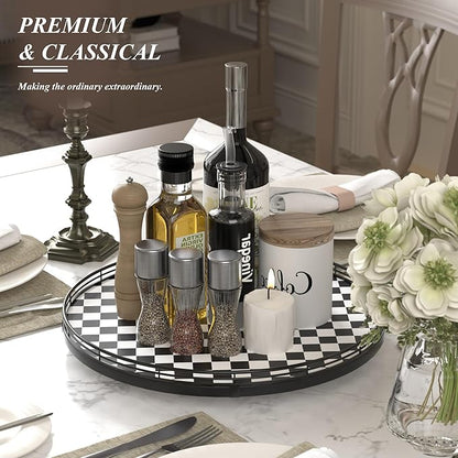 16" Black and White Kitchen Lazy Susan Turntable, Round Checkered Decorative Tray, Large Lazy Susan for Dining Table Centerpiece, Pantry, Kitchen, Bathroom, Countertop, Cupboard, Home Decor
