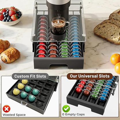 EVERIE Nespresso Vertuo Pod Holder Drawer, Coffee Pod Organizer with Universal Slots, Holds 40 Large or 52 Small Capsules, Tempered Glass Top Storage Drawer for Coffee Makers, 12" x 16.5" x 3.5"