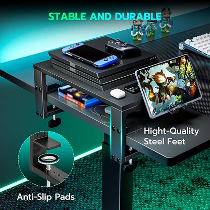 ARES WING Desk Shelf Extender, 15 inches 3 in 1 Clamp on Desk Shelf with Phone & Headset Holders, Heavy Duty Desktop Organizer for Gaming and Office Accessories, Black