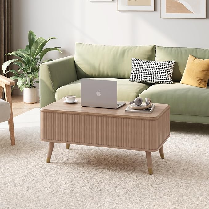 SULIVES Lift Top Coffee Table with Storage,Fluted Coffee Table with Lifting Top,Mid Century Modern Center Table with Solid Wood Legs,Small Coffee Tables for Living Room,Oak