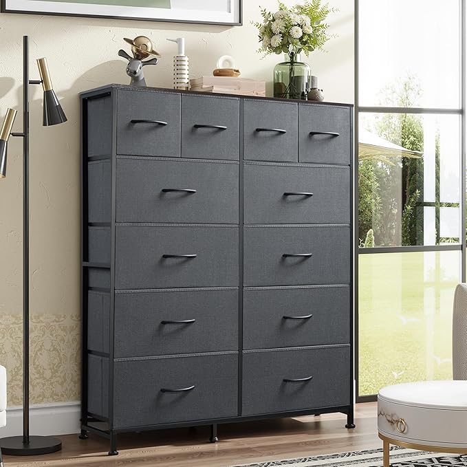 Tall Console Table with 12 Fabric Drawers, Tall Storage Organizer with Wood Top, Entryway Table with Storage, Steel Frame for Living Room, Hallway, Office, Dark Grey