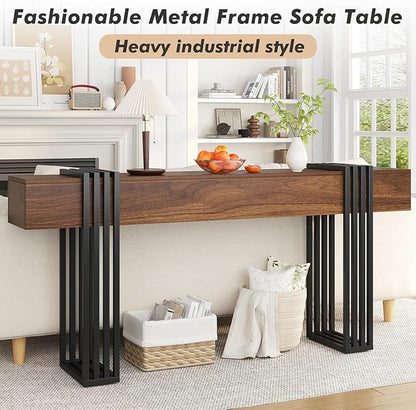 71 Inch Long Console Table, Extra Thick Industrial Sofa Table Behind The Couch Rectangular Entryway Table for Entrance Hallway Living Room, Entire top Board & 4-Pipe Legs, Rustic Brown