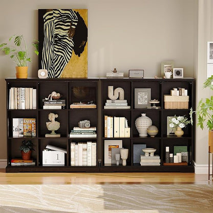 IRONCK Wooden 9 Cube Storage Organizer, Cube Shelf Organizer with Storage, Farmhouse Short Bookshelf for Bedroom, Living Room and Home Office, Black
