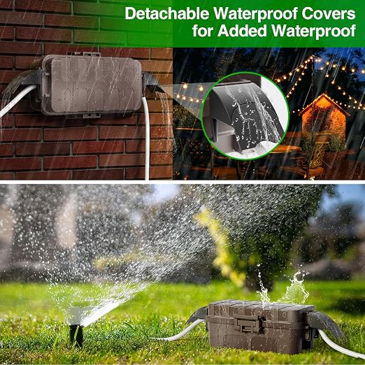 Flemoon IP55 Small Outdoor Electrical Box Waterproof (Inner 5.9 x 3.2 x 1.8inch), Extension Cord Cover with Detachable Awning Covers for Plug, Outlet, Holiday Lights, Brown