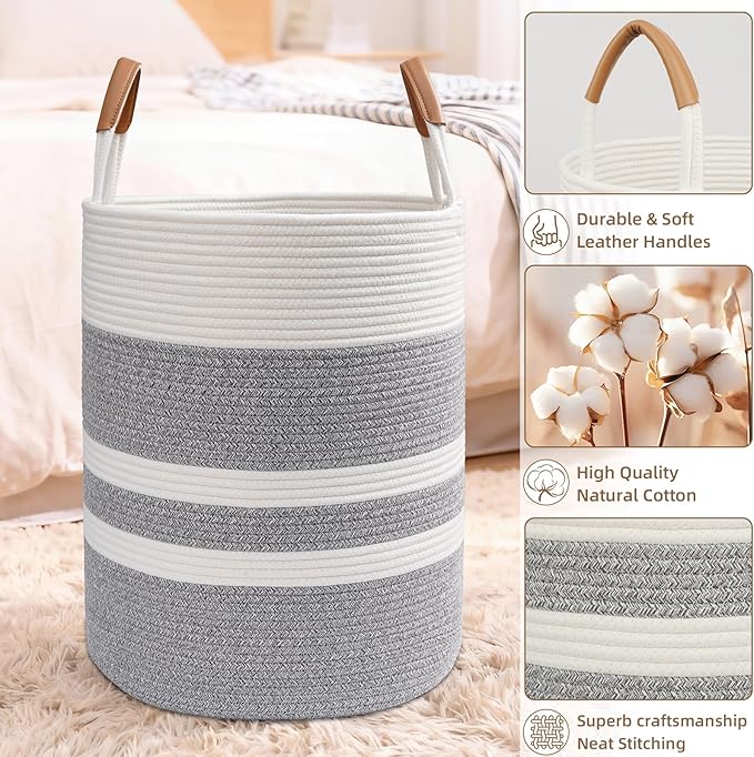 Degeyoyo 60L Striped Laundry Basket, Grey Laundry Hamper with Leather Handles, Woven Cotton Rope Storage Bin for Blankets, Nursery Hamper for Clothes, Toys In Bathroom, Livingroom, Bedroom