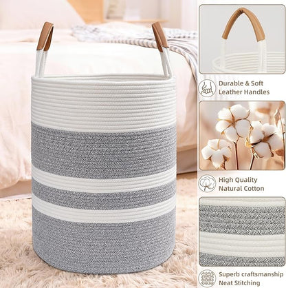 Degeyoyo 60L Striped Laundry Basket, Grey Laundry Hamper with Leather Handles, Woven Cotton Rope Storage Bin for Blankets, Nursery Hamper for Clothes, Toys In Bathroom, Livingroom, Bedroom