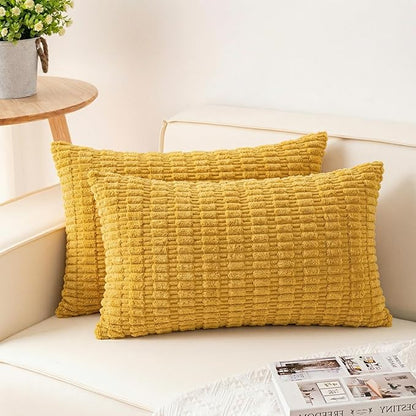 Aegero Pack of 2 Corduroy Decorative Throw Pillow Covers 12x24 Inch Soft Striped Pillow Covers Modern Farmhouse Home Decor for Sofa Living Room Couch Bed（Yellow）