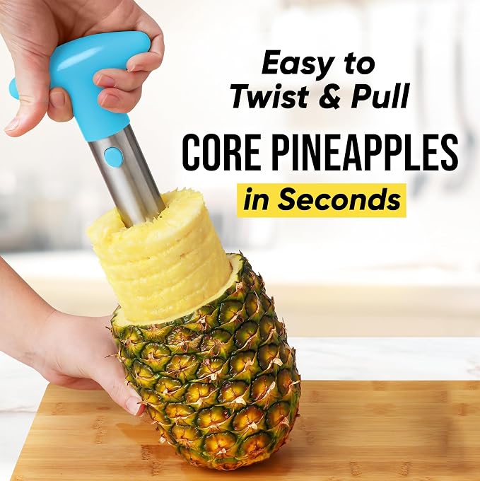 Zulay Kitchen Pineapple Corer and Slicer Tool – Stainless Steel Pineapple Cutter with Eye Remover Tool – Ergonomic Handle & Easy Core Remover – Reinforced Heavy-Duty Blade – Light Blue