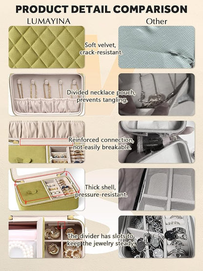 Velvet Travel Jewelry Box with Large Mirror, Double-Layer Jewelry Organizer Case for Women and Girls, Portable Storage Case with 6 Anti-Tarnish Bags Gift Ready for Her (Avocado Green)