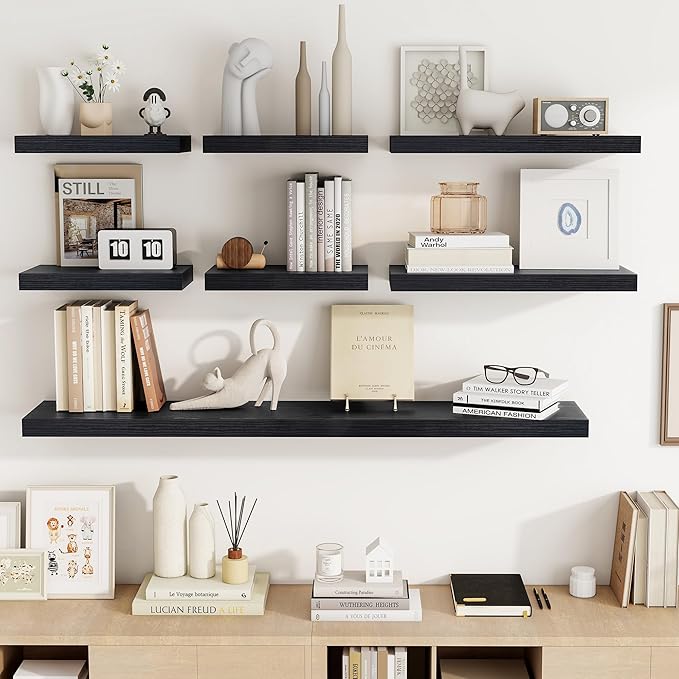 Acovy 32 Inch Floating Shelves, 3D Textured Wood Grain, 32"x9.25"x1.5" Inch Deep Floating Shelves for Wall, Wooden Shelves for Bathroom, Bedroom, Living Room, Black, 2 Pieces