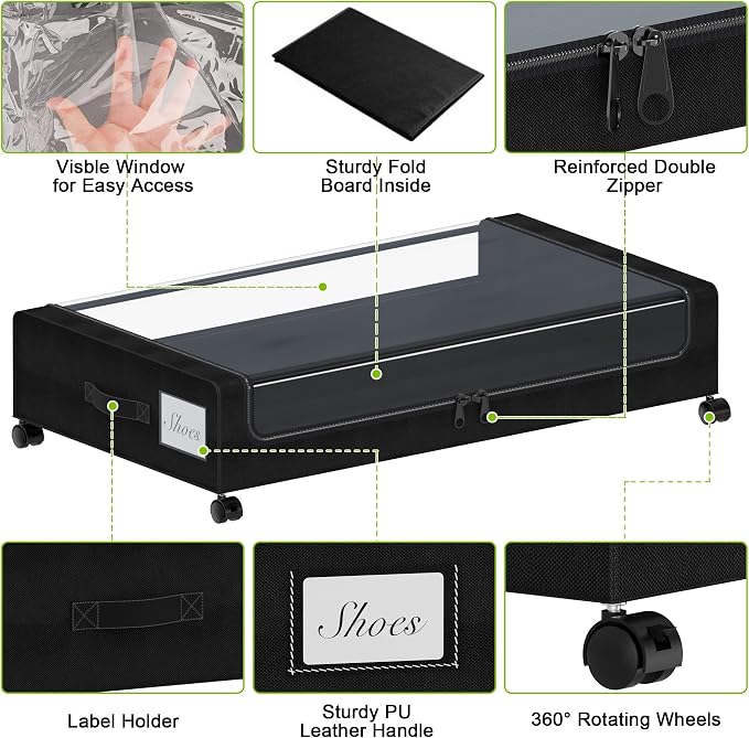 Tututry Under Bed Storage with Wheels, XXL 60L Under the Bed Storage Bins, Underbed Storage Containers with Lids & Label, Rolling Metal Drawer for Shoes, Clothes, Books, Toys (4-Pack Black)
