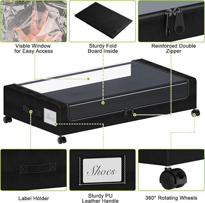 Tututry Under Bed Storage with Wheels, XXL 60L Under the Bed Storage Bins, Underbed Storage Containers with Lids & Label, Rolling Metal Drawer for Shoes, Clothes, Books, Toys (4-Pack Black)