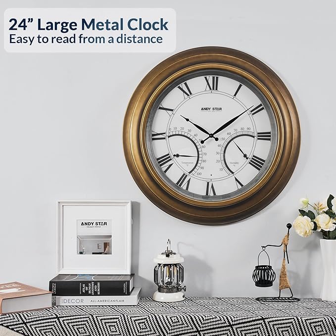 ANDY STAR 24 Inch Outdoor Clocks Waterproof,Large Outdoor Wall Clocks for Patio with Thermometer Combo, Illuminated Indodor Metal Clock Battery Operated Non Ticking, House Warming Gifts Gold Finish