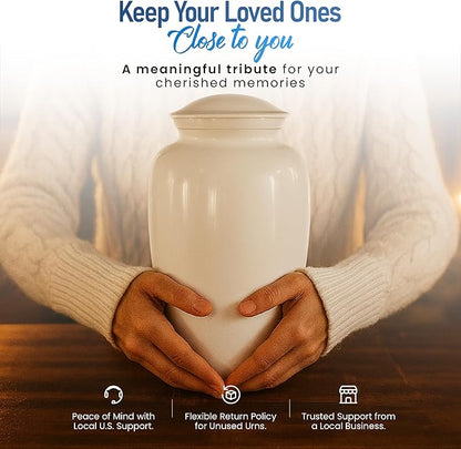Modern Memorials Cremation Urn for Ashes - Large Urn for Man & Women - 200 Cubic Inches - Includes Velvet Storage Bag - White