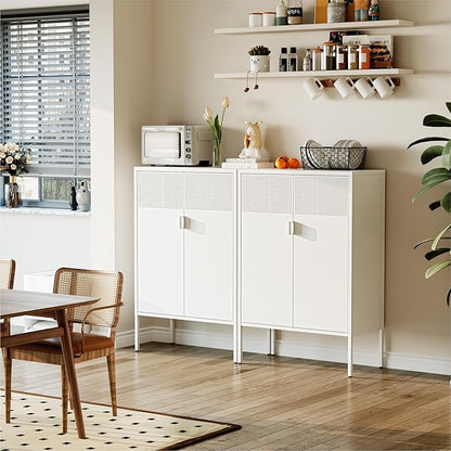 COFaR White Metal Storage Cabinet with Adjustable Shelves, 47”H Modern Buffet Sideboard & Coffee Bar Cabinet with Magnetic Doors, Ventilated Steel Organizer for Kitchen, Dining Room, Home Office