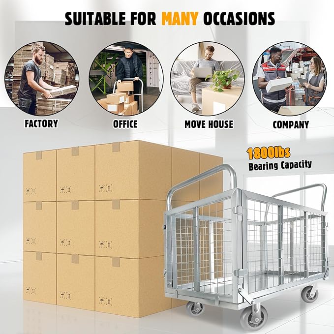 Platform Truck Cart with Cage, 6-in-1 Flatbed Utility Carts, Foldable Heavy Duty Push Cart Dolly W/Swivel Wheel, Rmovable Side, 1800lbs Capacity, 39"x24" Hand Truck for Groceries, Garage, Warehouse