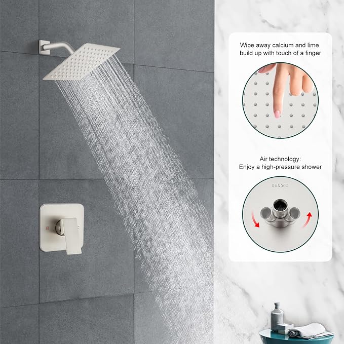 Heyalan Shower Faucet Set with Valve, Bathroom Rainfall Shower System, Wall Mount Single Handle Shower Trim Kit, Rainfall Fixed Shower Head, 8 Inch Square Shower Head,Brushed Nickel