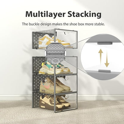 Pinkpum 12 Pack XXL Shoe Storage Box Fit for Size 14, Clear Plastic Stackable Shoe Organizer for Closet, Shoe Containers Sneaker Storage Clear and Grey