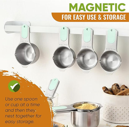 Spring Chef Magnetic Measuring Cups & Spoons Set, Patented, Strong N45 Magnets, Heavy Duty Stainless Steel Fits in Spice Jars for Baking & Cooking, BPA Free, Round Set of 15 with Leveler, Mint