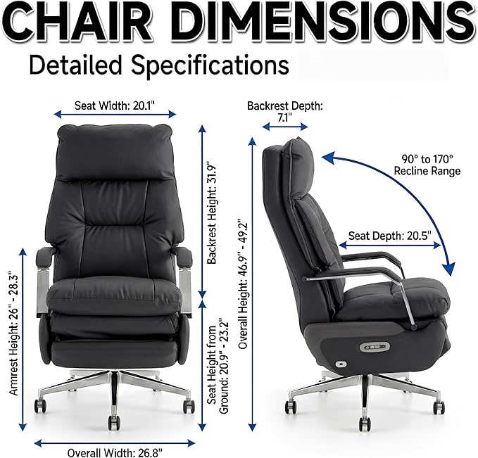 Dual Motor Executive Home Reclining Office Chair with Footrest - One-Click Electric Recline with Massage & Pillow Support Big and Tall PU Leather Ergonomic Desk Chair, High Back Wide Seat (Black)