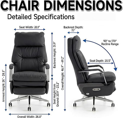 Dual Motor Executive Home Reclining Office Chair with Footrest - One-Click Electric Recline with Massage & Pillow Support Big and Tall PU Leather Ergonomic Desk Chair, High Back Wide Seat (Black)