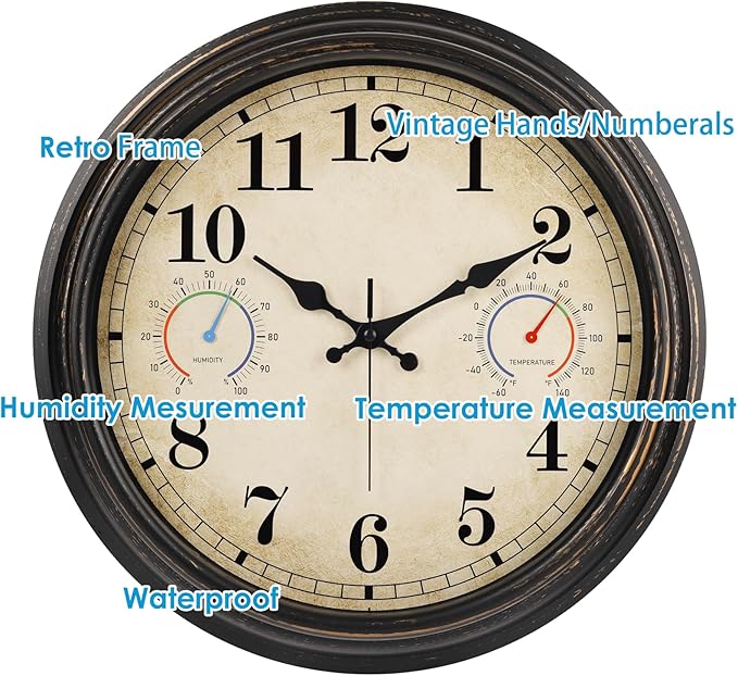 16 Inch Large Outdoor Clock with Thermometer and Hygrometer Combo, Waterproof Indoor Outdoor Wall Clocks for Patio, Pool,Garden Decor- Retro Bronze