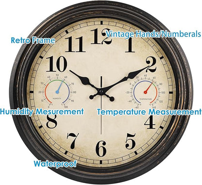 16 Inch Large Outdoor Clock with Thermometer and Hygrometer Combo, Waterproof Indoor Outdoor Wall Clocks for Patio, Pool,Garden Decor- Retro Bronze