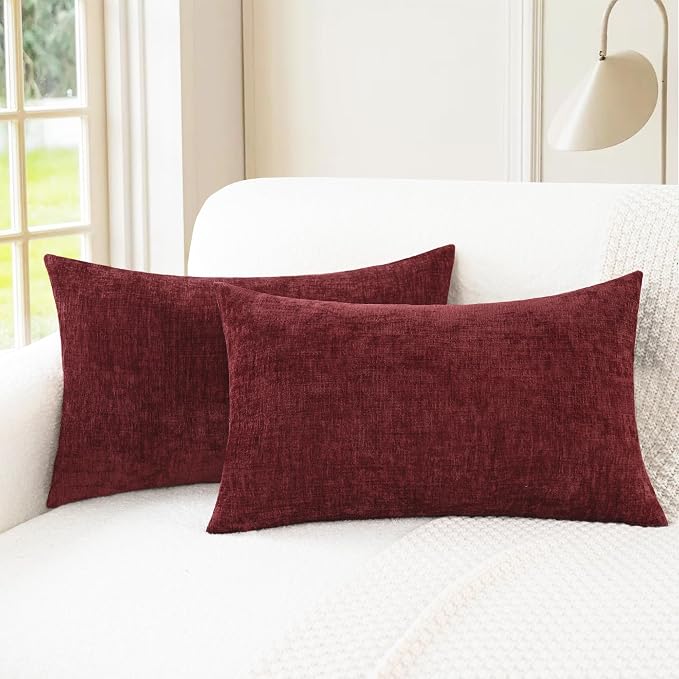 CaliTime Christmas Throw Pillow Covers Decorative 12 X 20 Inches Pack of 2 Cozy Chenille Cushion Cases for Couch Sofa Bed Living Room Home Burgundy