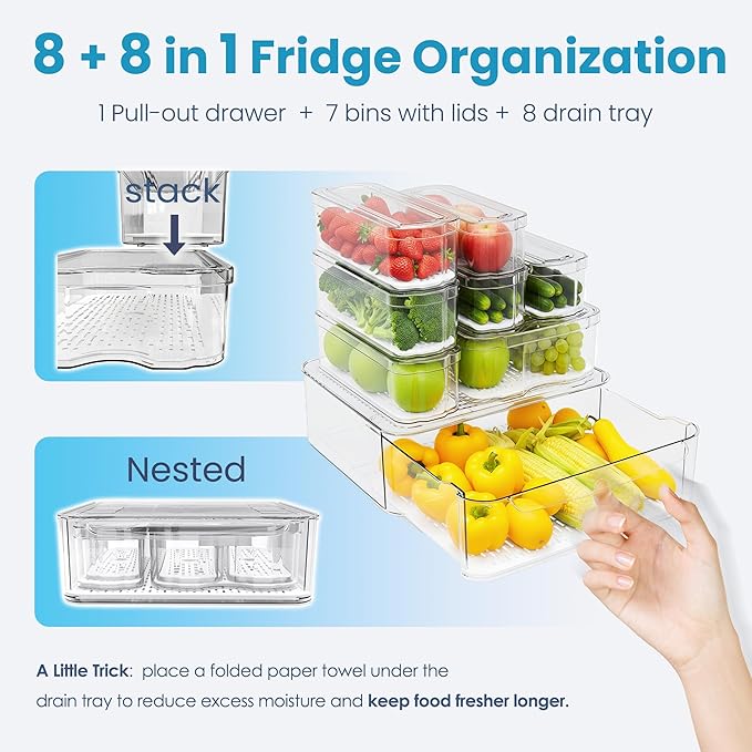 8 Pack Refrigerator Organizers, Clear Pull-out Drawer Container and Organizer Bins with Lids, Stackable Storage Containers for Fruits, Vegetable (Set of 8 (Include Pull Out Drawer))