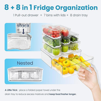 8 Pack Refrigerator Organizers, Clear Pull-out Drawer Container and Organizer Bins with Lids, Stackable Storage Containers for Fruits, Vegetable (Set of 8 (Include Pull Out Drawer))