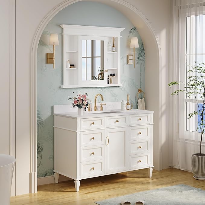 WELLFOR40 x 32" Bathroom Medicine Cabinet with 3-Tier Adjustable Shelves, Recessed Solid Wood Medicine Cabinet with Mirrors, Wood Miiror Cabinet with 1 Soft-Close Door and Open/Built-in 7 Shelves