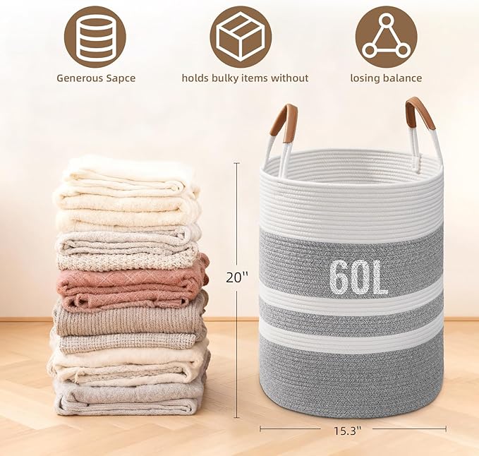 Degeyoyo 60L Striped Laundry Basket, Grey Laundry Hamper with Leather Handles, Woven Cotton Rope Storage Bin for Blankets, Nursery Hamper for Clothes, Toys In Bathroom, Livingroom, Bedroom