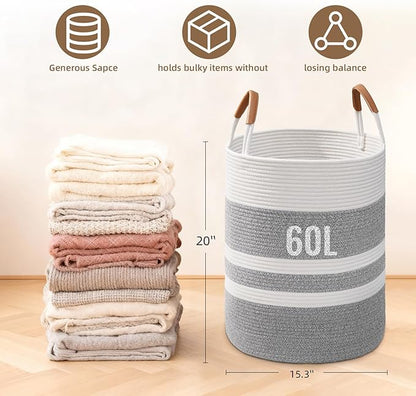 Degeyoyo 60L Striped Laundry Basket, Grey Laundry Hamper with Leather Handles, Woven Cotton Rope Storage Bin for Blankets, Nursery Hamper for Clothes, Toys In Bathroom, Livingroom, Bedroom