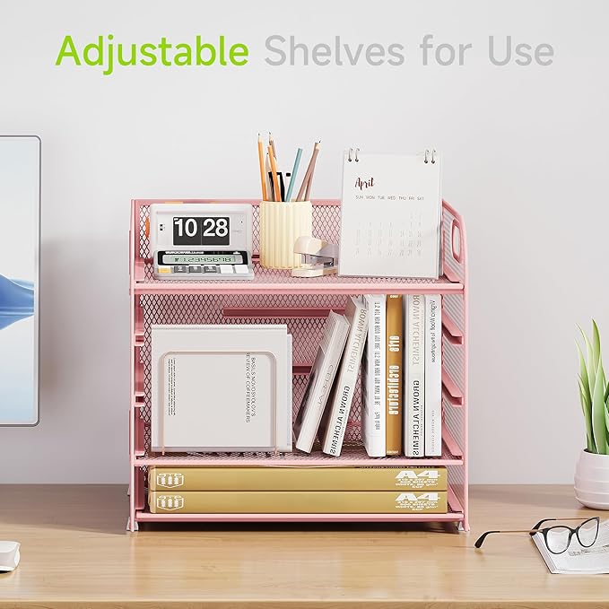 5 Tier Paper Organizer with Handle, Pink Metal Mesh Desk Organizer File Folder Paper Letter Tray Desktop Document Sorter for Classroom, School, Office Accessories Organization and Storage
