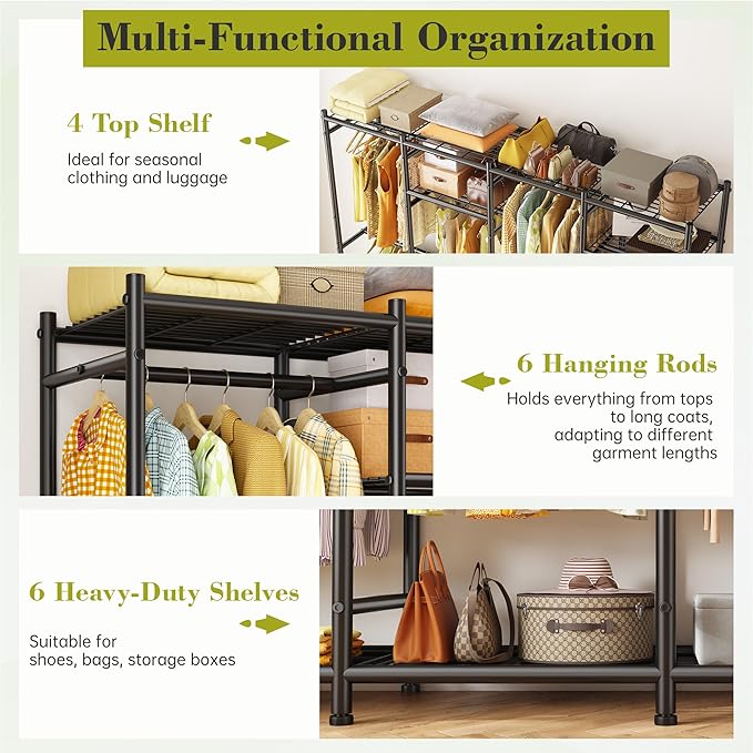 Raybee Portable Closet,Clothes Rack with 6 Hang Rods & 10 Shelves,Clothing Racks for Hanging Clothes,Metal Garment Rack for Bedroom,Large Capacity,Adjustable,Stury 77.9" W x 15.7" D x 76.8" H Black