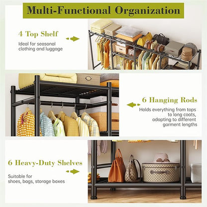 Raybee Portable Closet,Clothes Rack with 6 Hang Rods & 10 Shelves,Clothing Racks for Hanging Clothes,Metal Garment Rack for Bedroom,Large Capacity,Adjustable,Stury 77.9" W x 15.7" D x 76.8" H Black