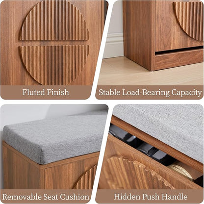 Narrow Shoe Storage Bench for Entryway, Wooden Shoe Cabinet with Flip Drawers& Adjustable Shelves, Shoe Rack Bench with Cushion, Shoe Organizer with Fluted Pattern for Hallway, Living Room (Walnut)