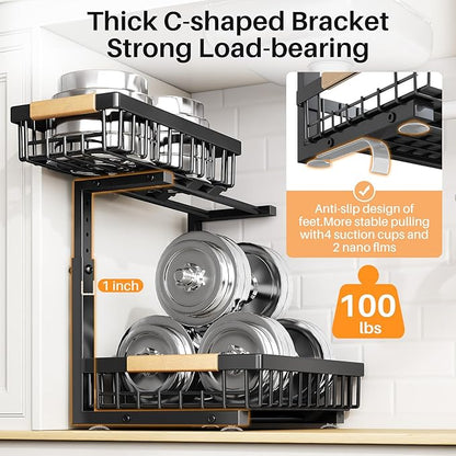 PXRACK Under Sink Organizer, Adjustable Height, 2 Tier Pull Out Under Cabinet Organizer, Slide Out Thickened Metal Under Sink Storage for Kitchen Bathroom Laundry Pantry Cabinet, Black, Small-2-Pack