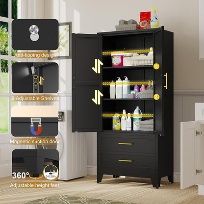 Steel Pantry Cabinet, 71" Metal Storage Cabinets with 2 Doors, 2 Adjustable Shelf and 2 Drawers, Freestanding Storage Cabinet for Bedroom, Kitchen, Home Office (Black)