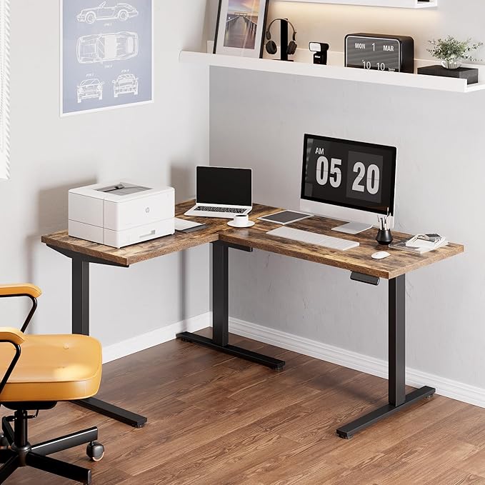 SANODESK L Shaped Standing Desk Adjustable Height, Electric Corner Standing Desk, 63 x 48 inch Sit Stand Computer Table with Splice Board, Rustic Brown